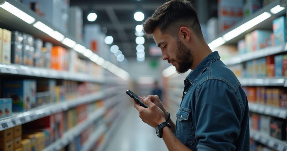 Cliente pesquisando produtos em loja física enquanto usa celular 