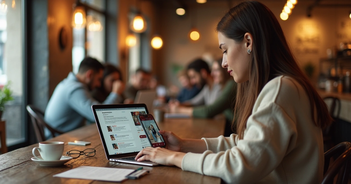 Consumidor em café vendo recomendações de microinfluenciadores no celular e no notebook 