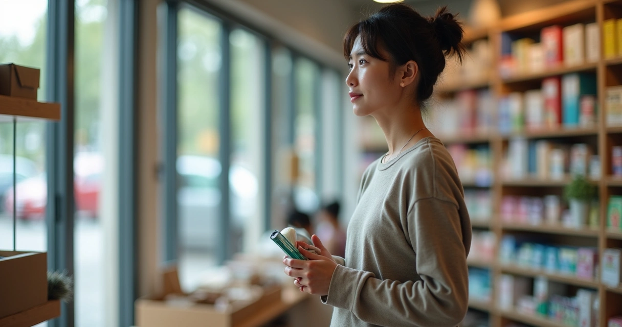 Pessoa segurando produto e refletindo antes de comprar em uma loja 