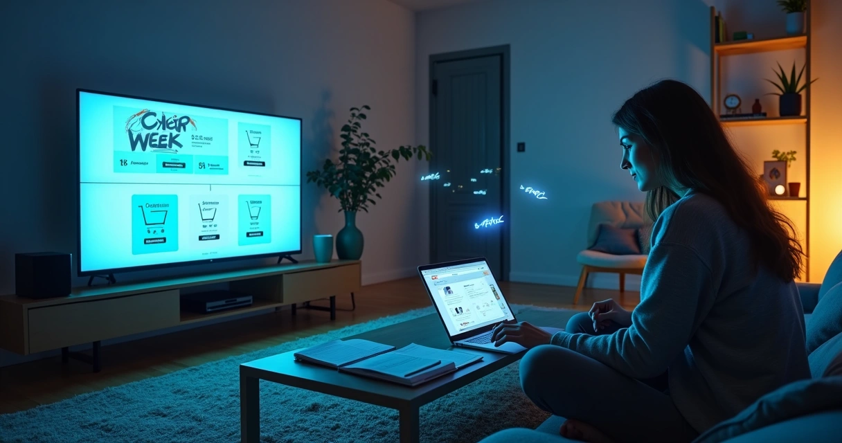 Mulher escolhendo promoções em múltiplas telas durante a Cyber Week 