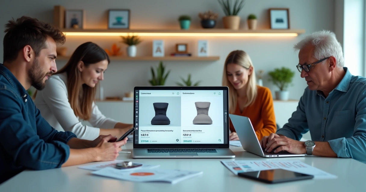 Consumidores diversos analisando imagens de produtos em loja virtual 