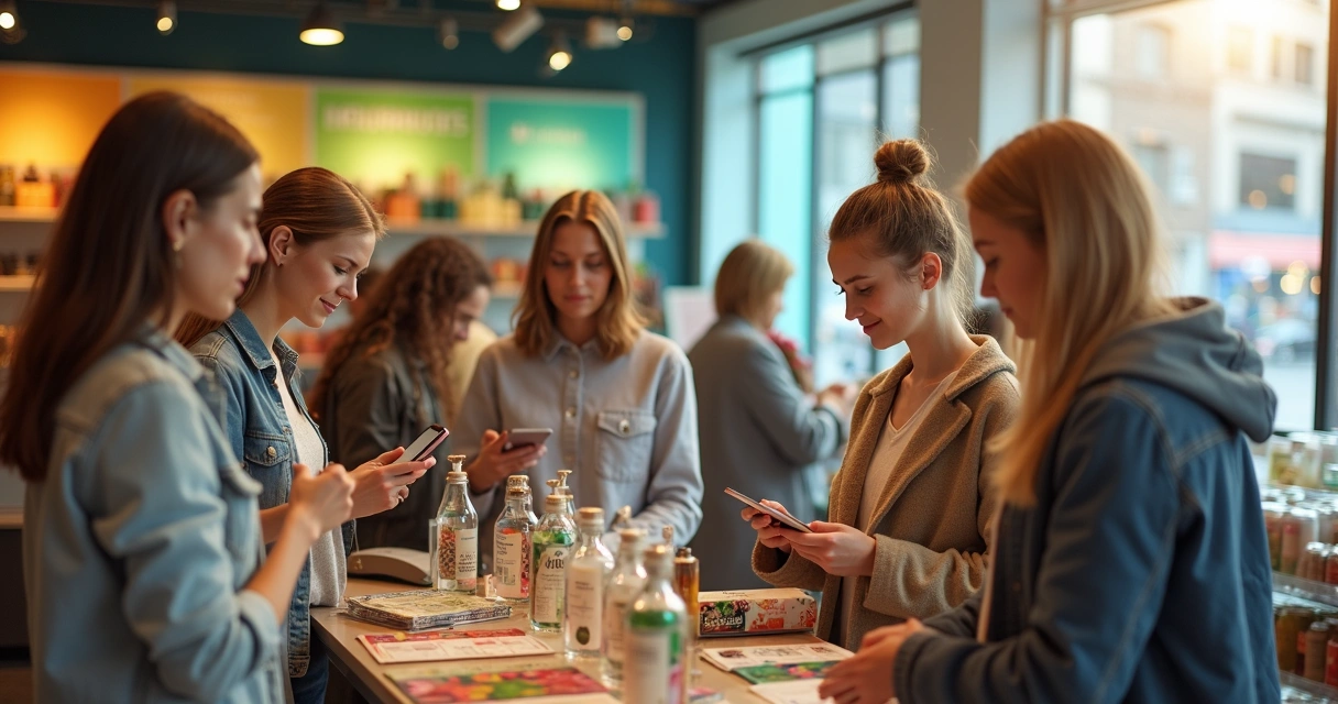 Grupo de jovens consumidores analisa produtos com etiquetas ambientais. 