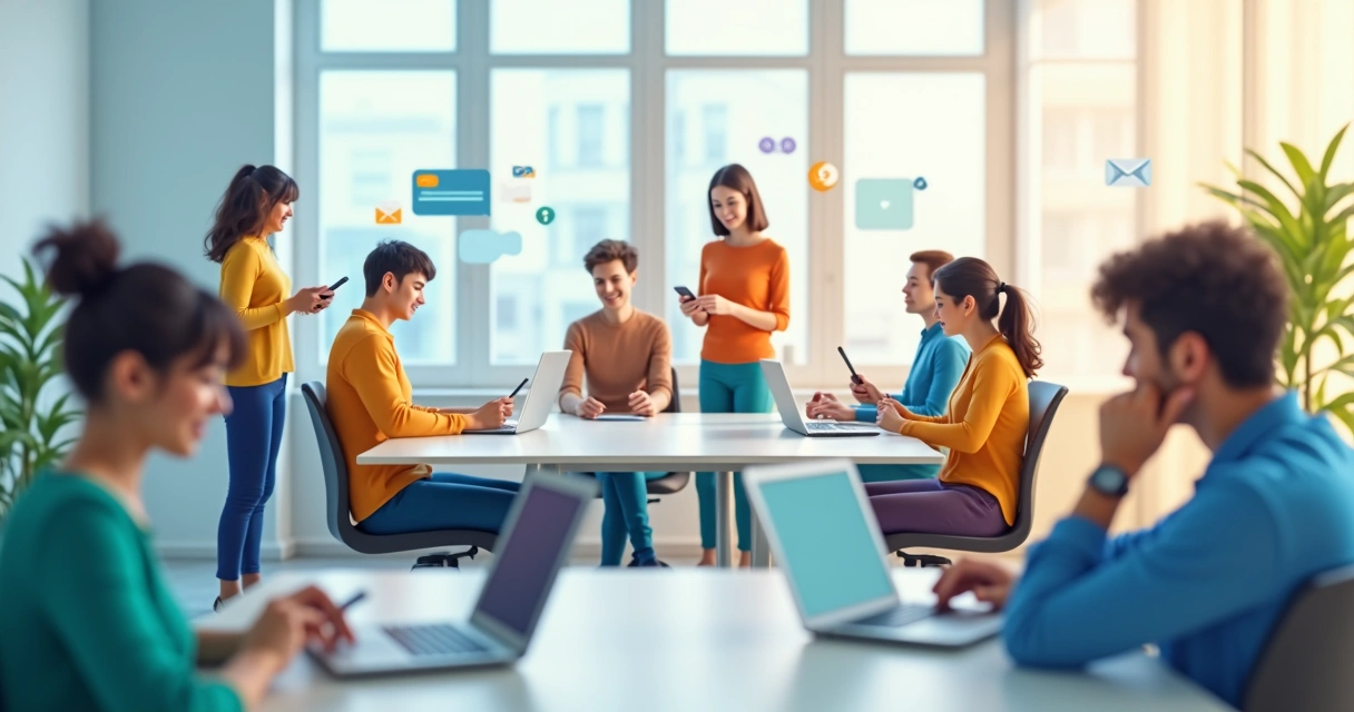 Grupo de pessoas diversas usando celulares e computadores.