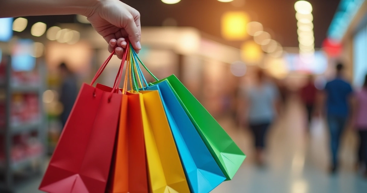 Mão segurando várias sacolas coloridas de compras em loja