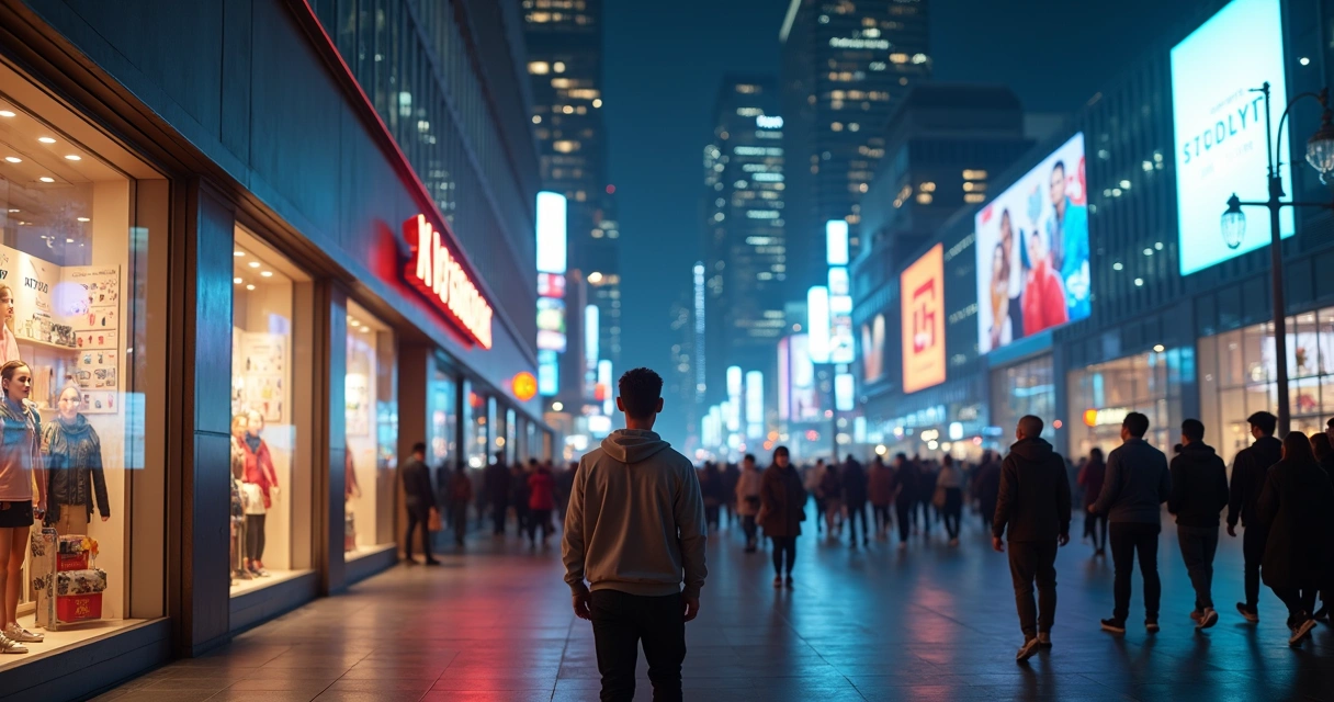 Persona reflexionando frente a vitrinas luminosas de consumo en una gran ciudad nocturna 