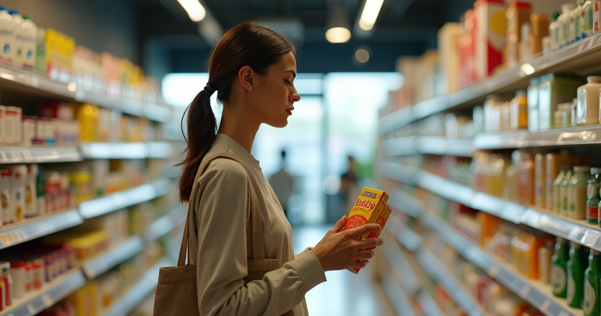Pessoa escolhendo produto com atenção em mercado organizado 