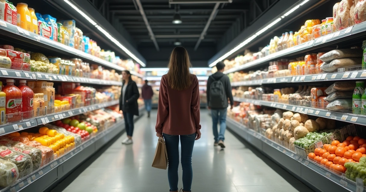 Pessoa observando prateleira dividida entre consumo exagerado e escolhas sustentáveis 