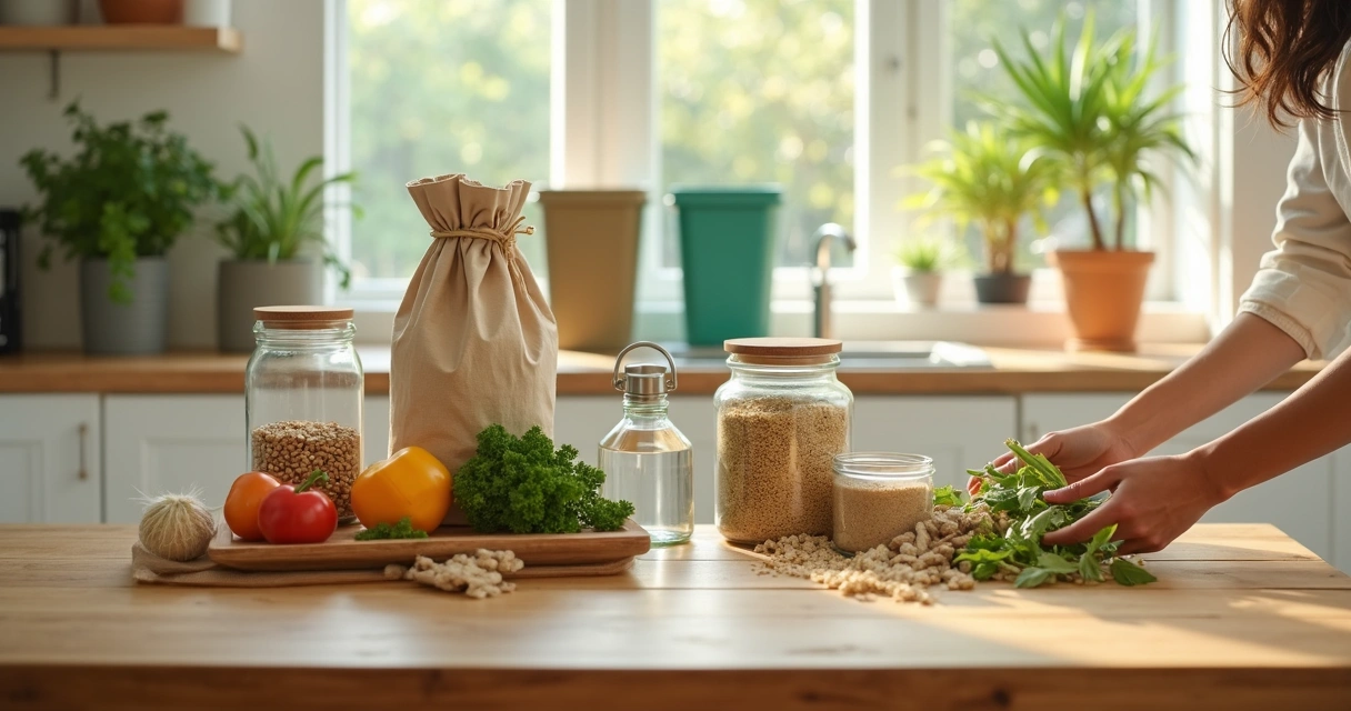 Produtos reutilizáveis e alimentos frescos em cozinha organizada 