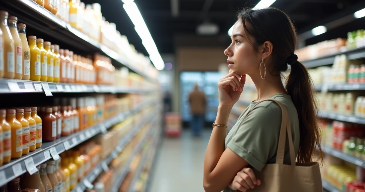 Pessoa olhando para uma prateleira de produtos avaliando o que levar