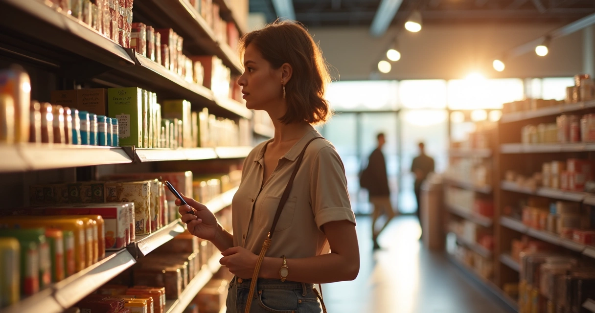 Pessoa refletindo antes de comprar em loja com prateleiras de produtos 