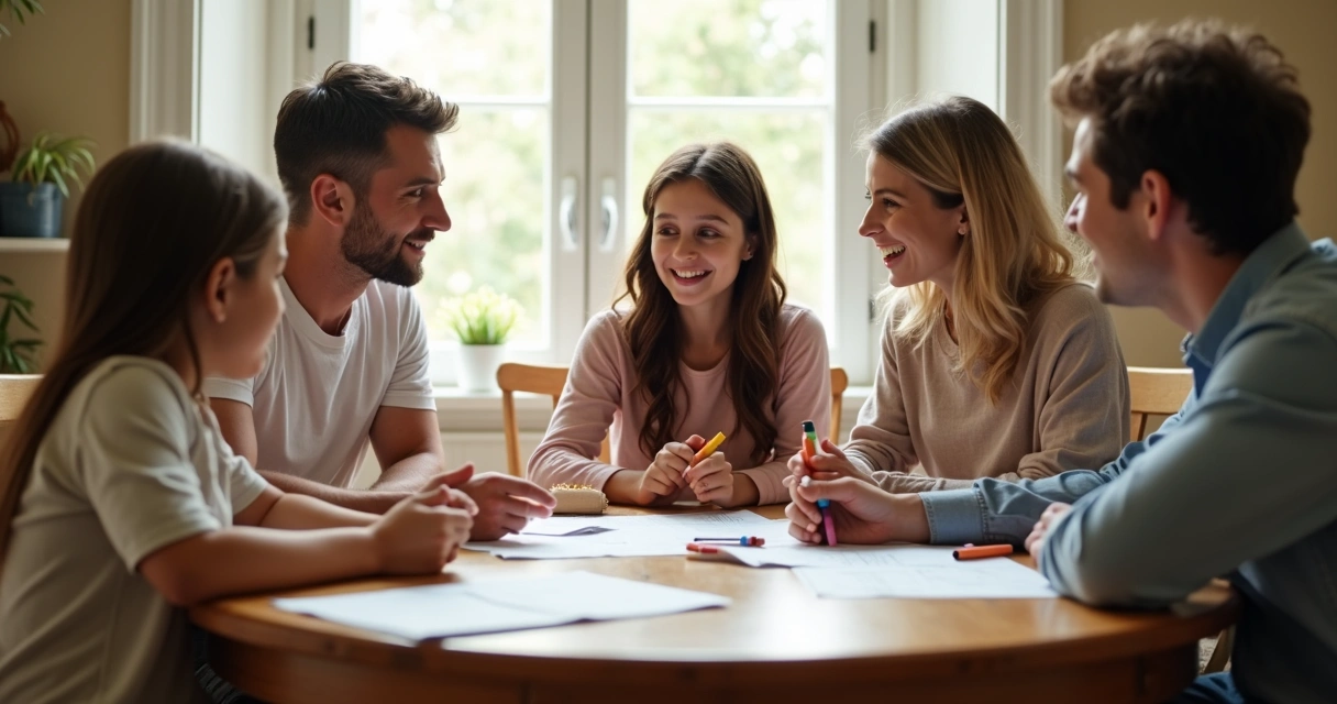 Família reunida à mesa conversando sobre prioridades financeiras 