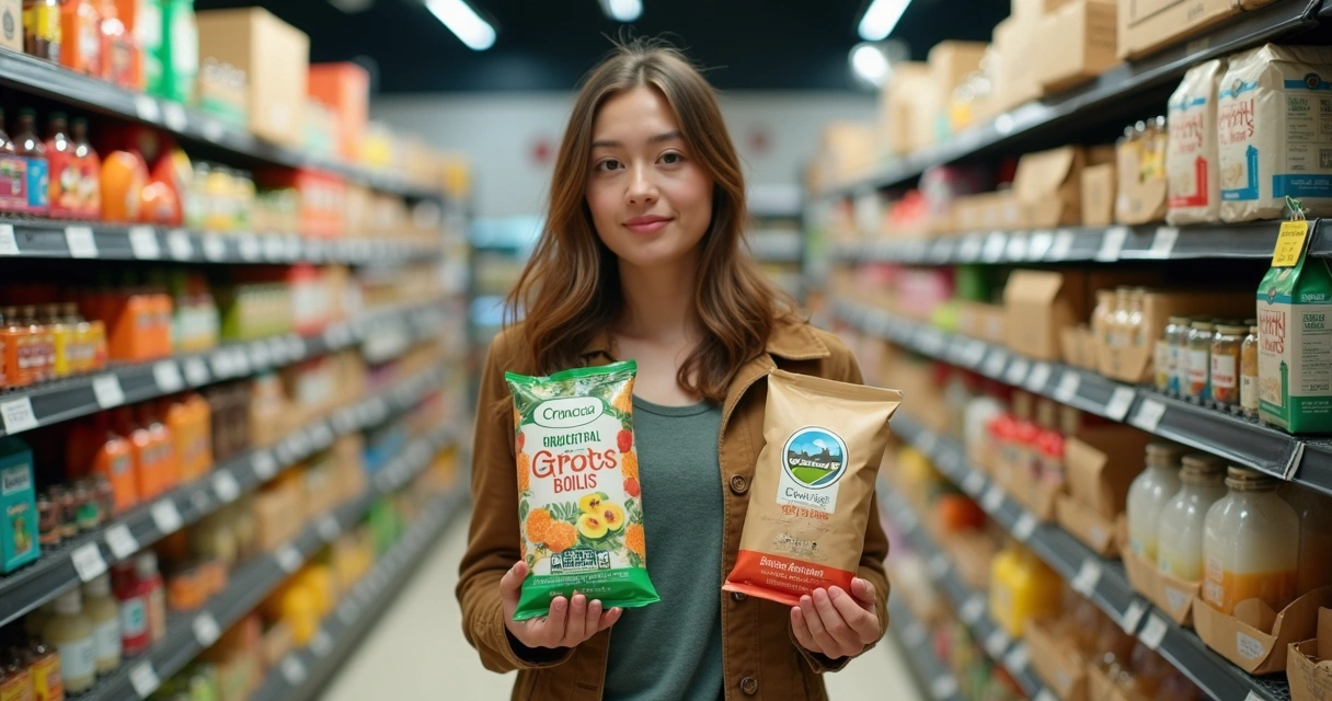 Pessoa escolhendo alimentos sustentáveis em mercado com foco em impacto social 