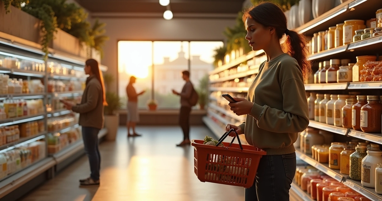 Pessoa escolhendo produto em mercado com foco em consumo consciente 