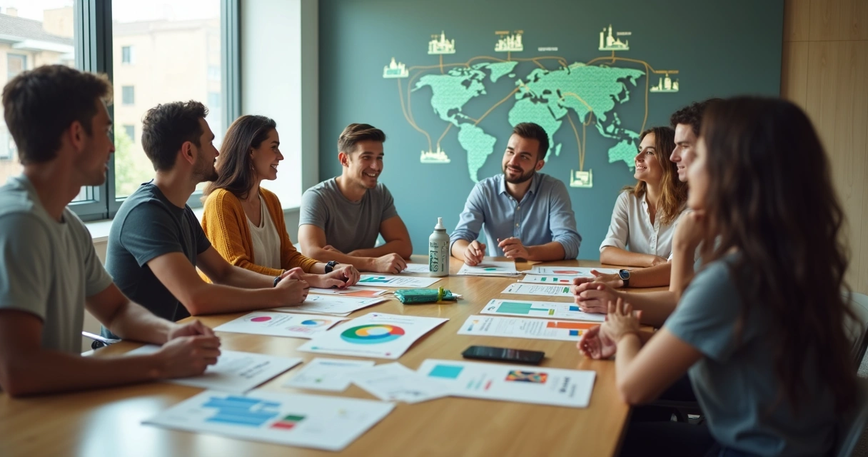Grupo diverso analisando produtos e impactos de consumo em mesa redonda 