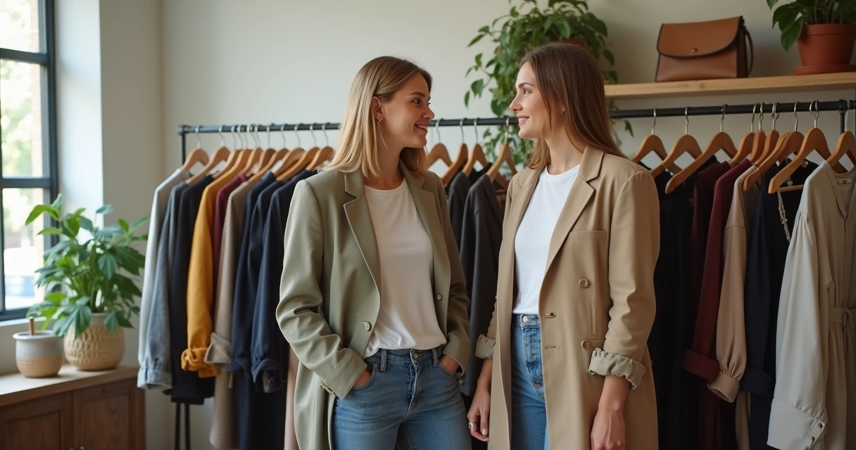 Mulher escolhendo roupas em brechó organizado com araras coloridas 