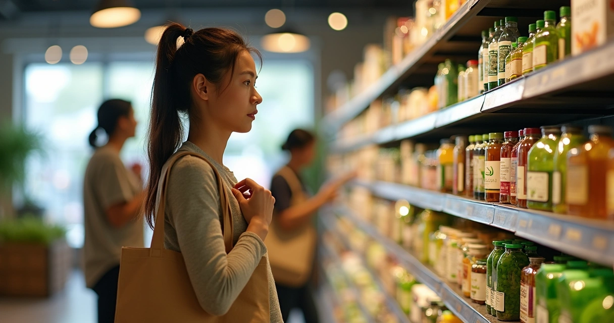 Pessoa observando prateleiras de supermercado com sacola retornável 