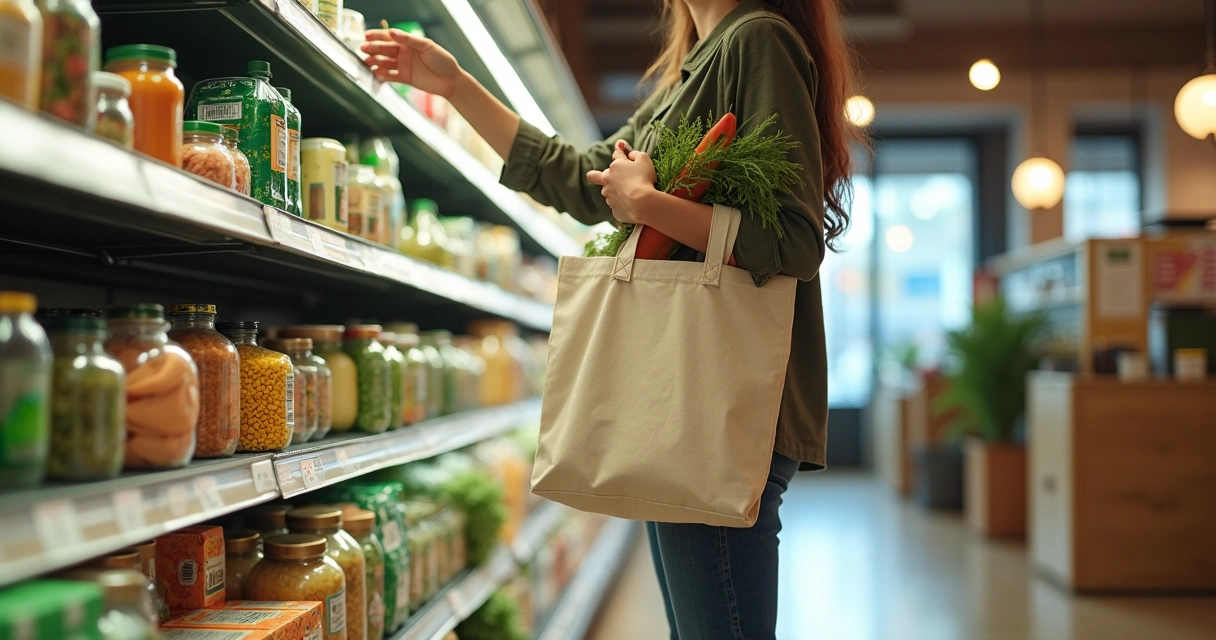 Pessoa escolhendo produtos sustentáveis em supermercado com sacola reutilizável 