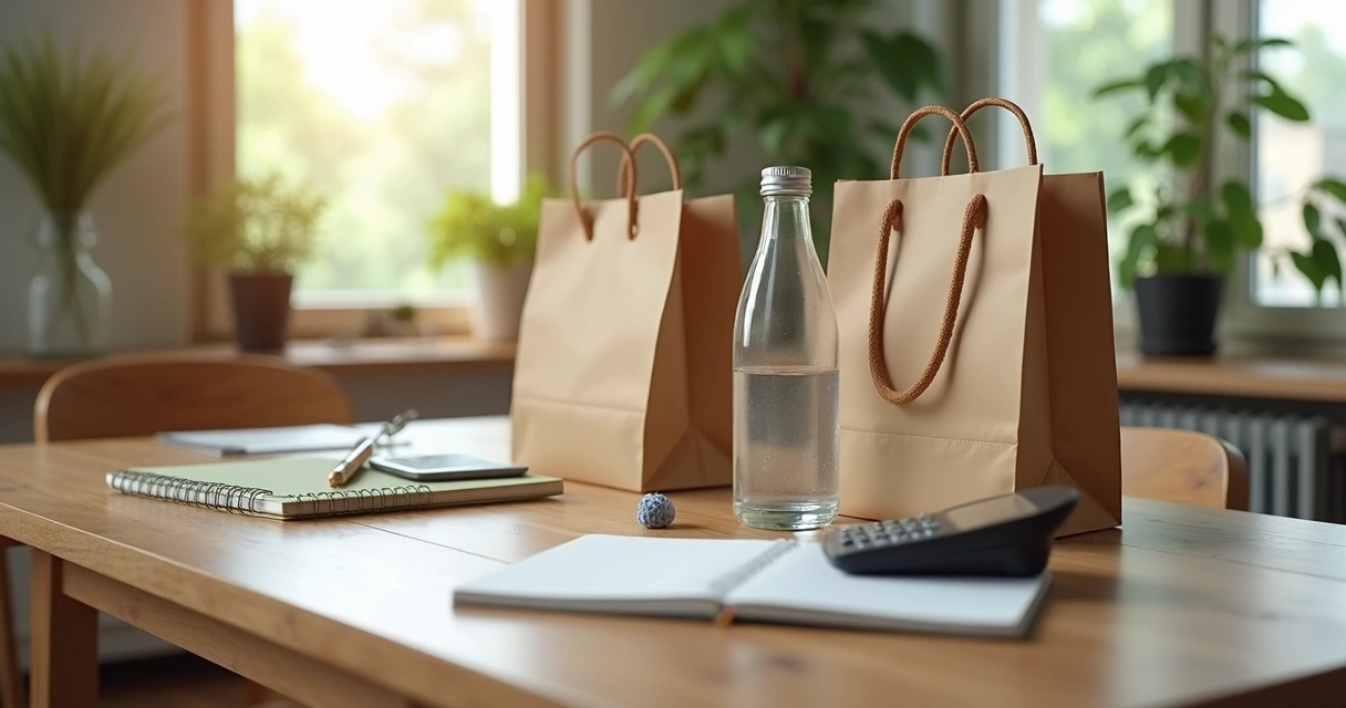 Mesa de madeira com itens sustentáveis para o consumo consciente, como sacolas reutilizáveis, garrafa de vidro e uma calculadora ao lado de cadernos para controle financeiro 