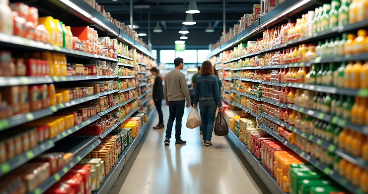 Prateleira de supermercado exibindo produtos eco-friendly lado a lado com produtos convencionais 
