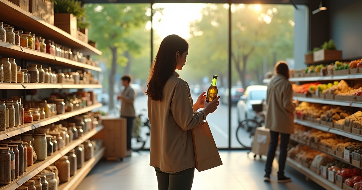 Pessoa observando prateleira de mercado com escolhas sustentáveis em ambiente urbano 
