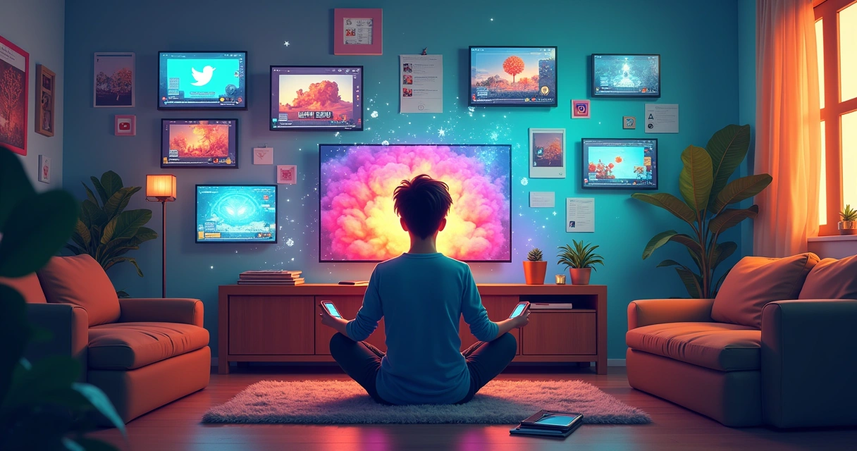 Jovem em uma sala confortavelmente envolvido em várias redes sociais em telas coloridas.