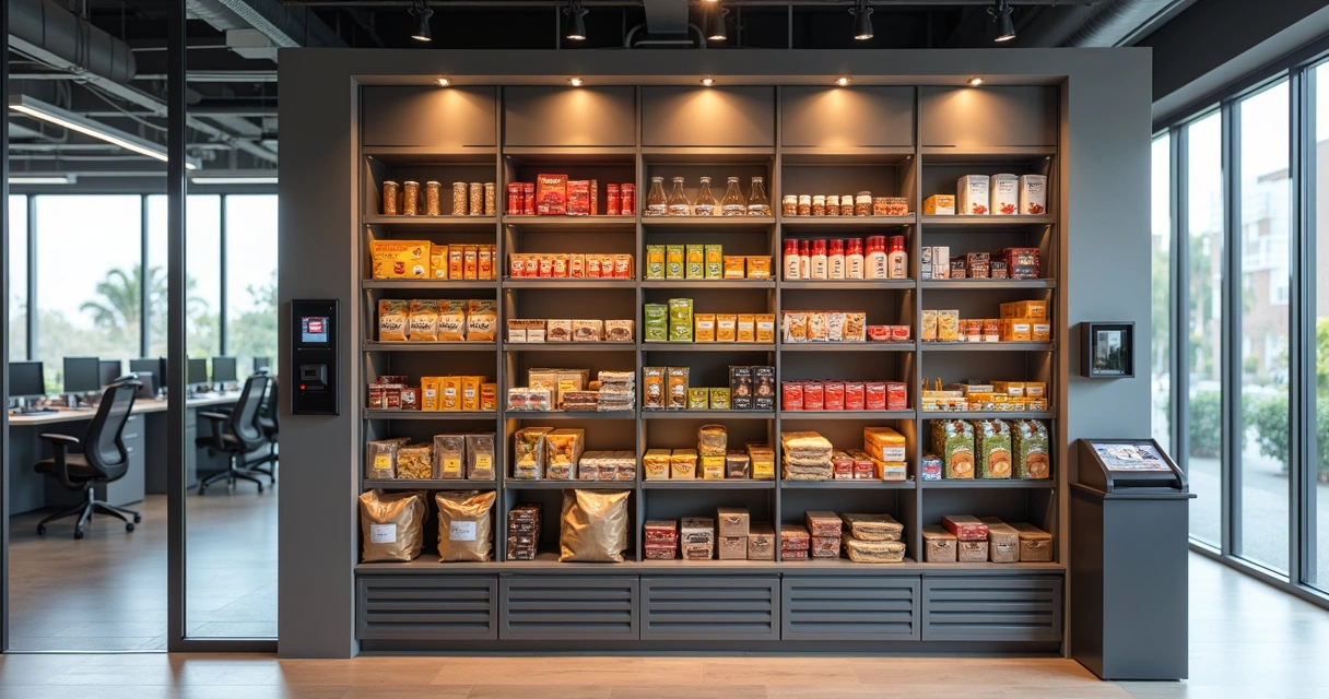 Prateleiras de mercado corporativo com bebidas e snacks 