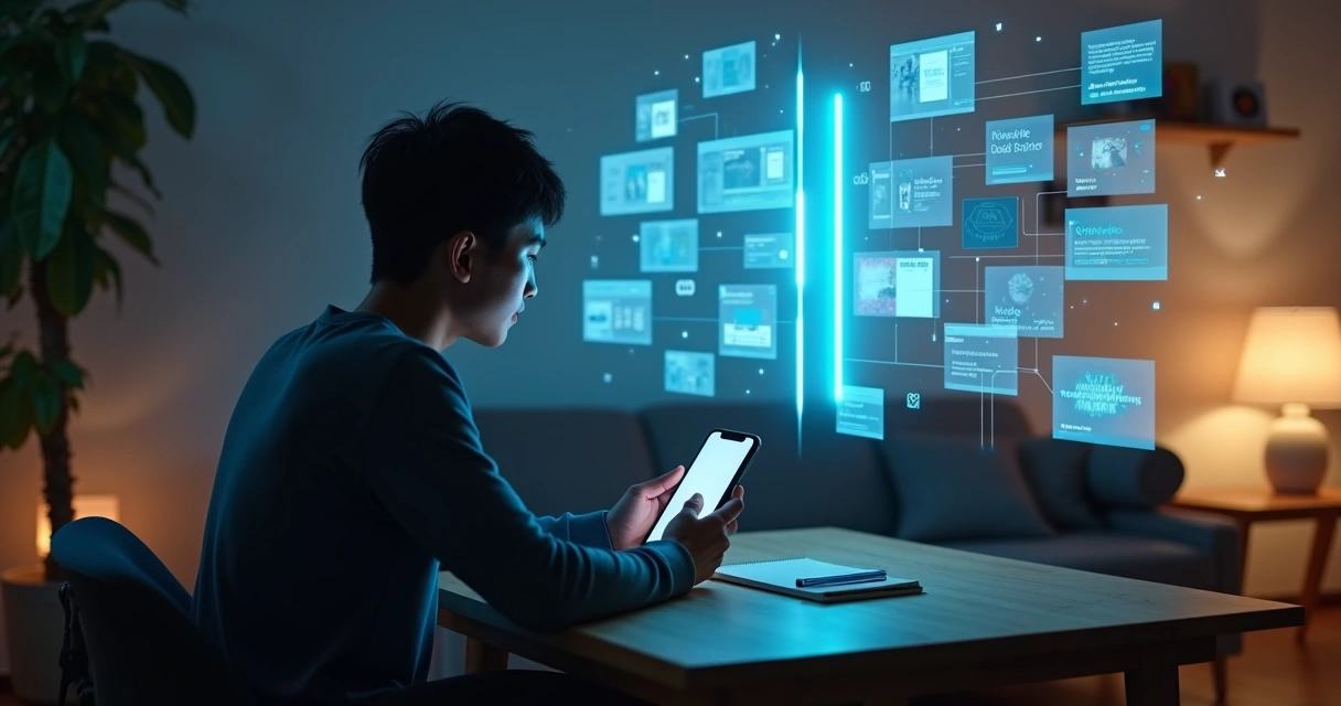 Persona usando un móvil frente a varias pantallas digitales equilibrando opciones de contenido 