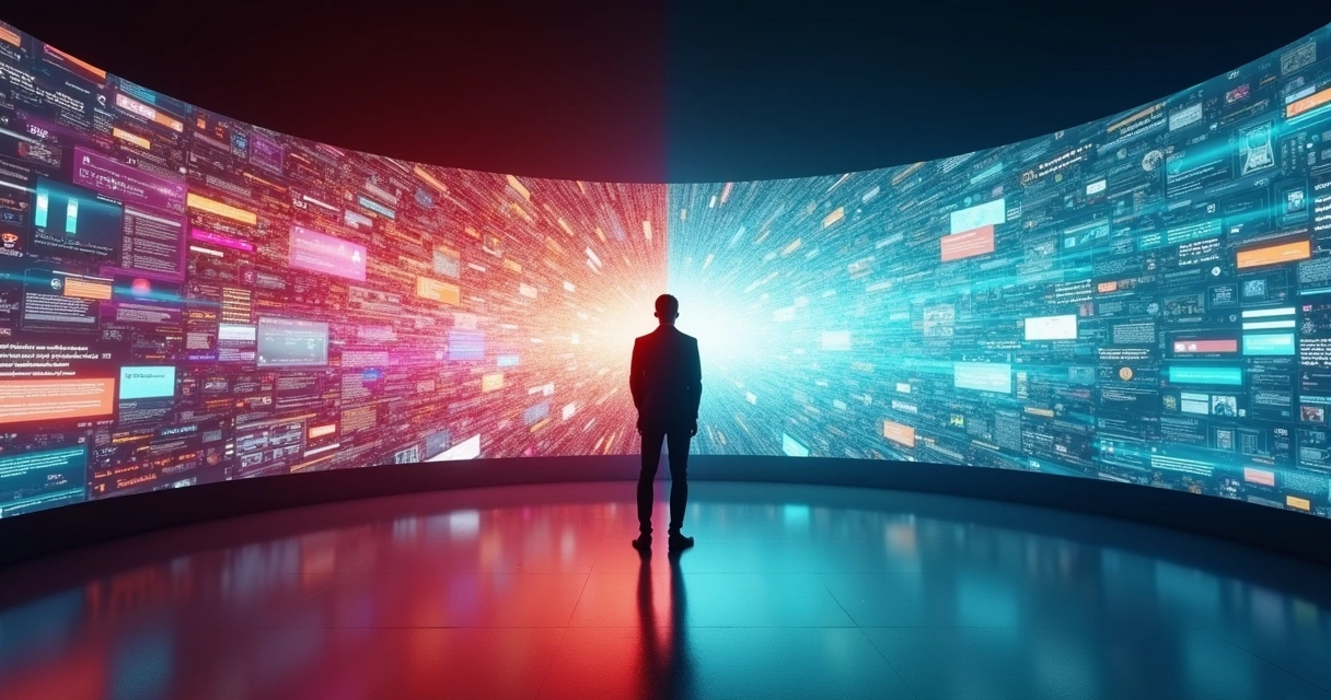 Silhueta humana diante de um painel digital dividida entre caos e conexão consciente 