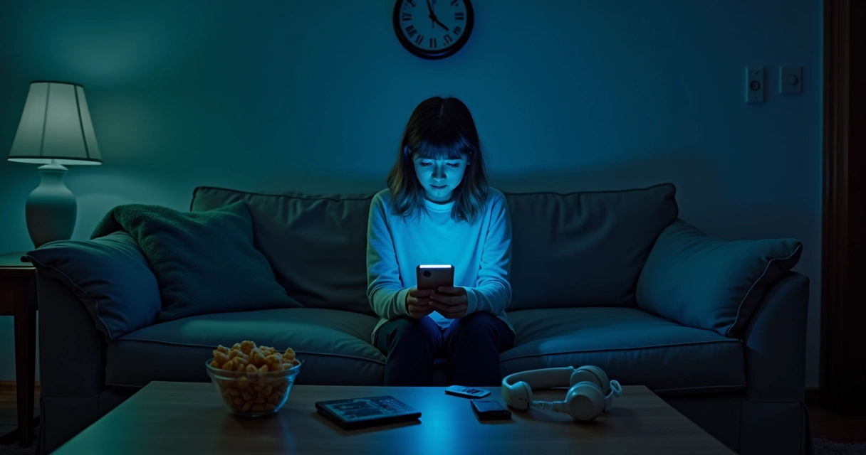 Persona mirando el teléfono de noche en una sala con luz tenue