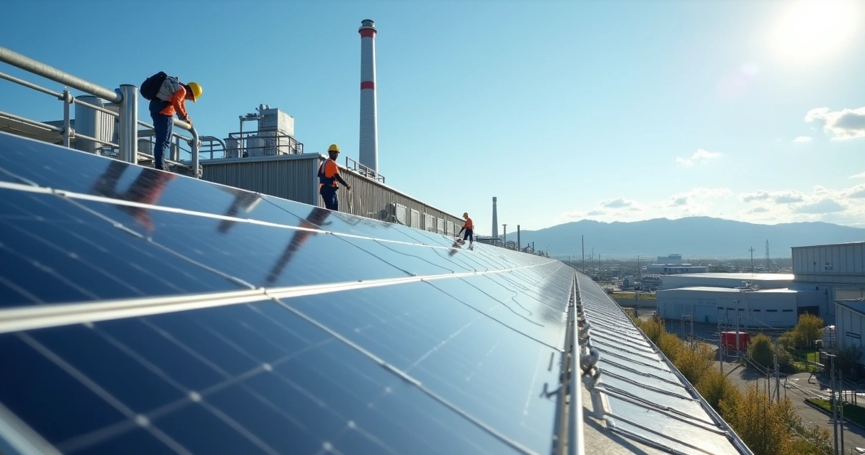 Ambiente industrial com painéis solares instalados sobre o telhado 