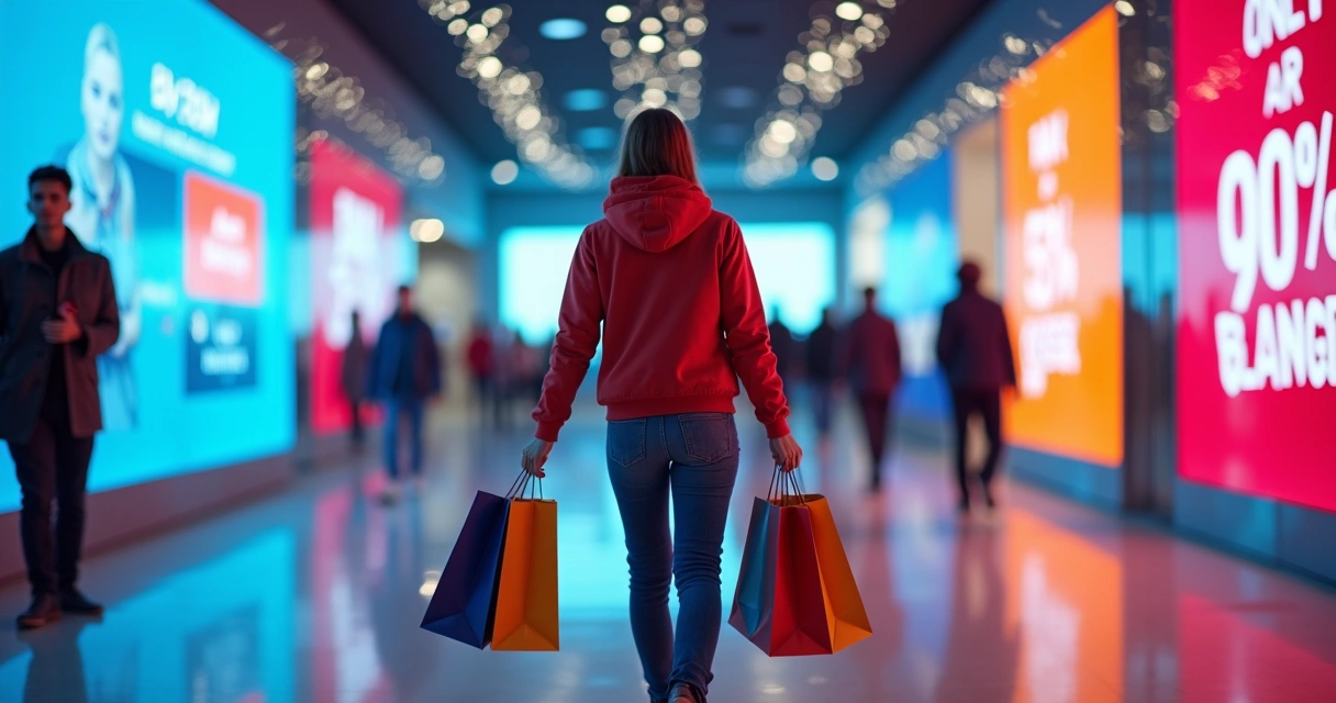 Pessoa caminhando em shopping carregando várias sacolas coloridas cercada por anúncios digitais brilhantes 