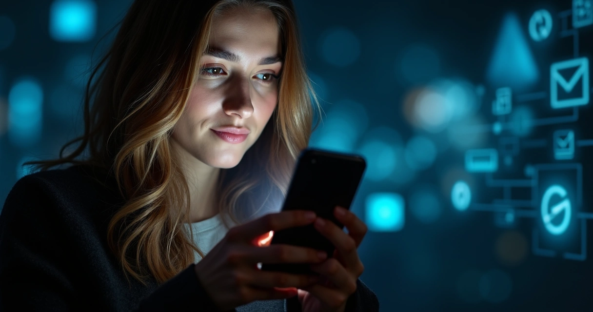 Pessoa segurando smartphone, olhos atentos à tela iluminada, fundo escurecido, elementos gráficos indicando fluxo intenso de informações digitais 