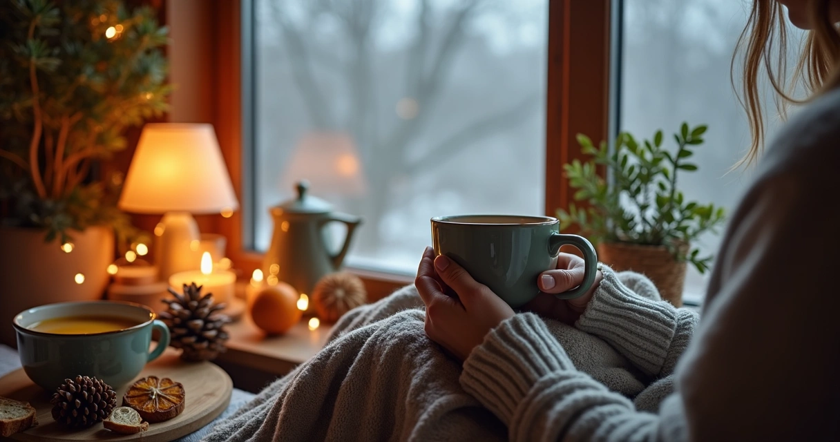 Pessoa segurando caneca de chá quente ao lado de janela em dia frio