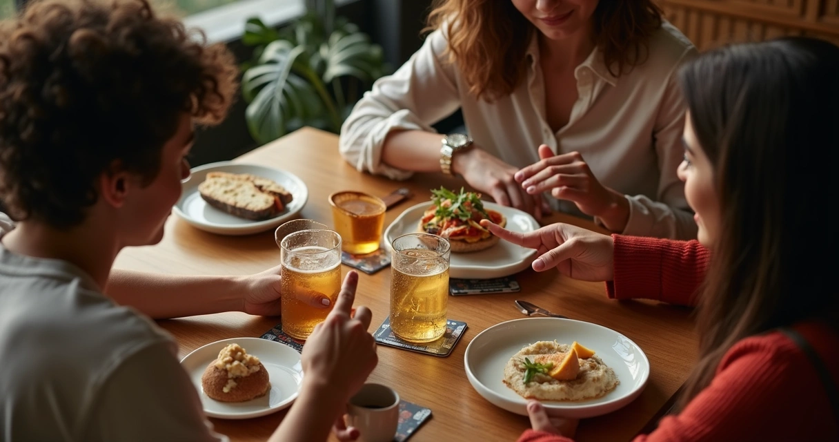 Consumidores olhando para anúncio em porta-copos durante refeição 