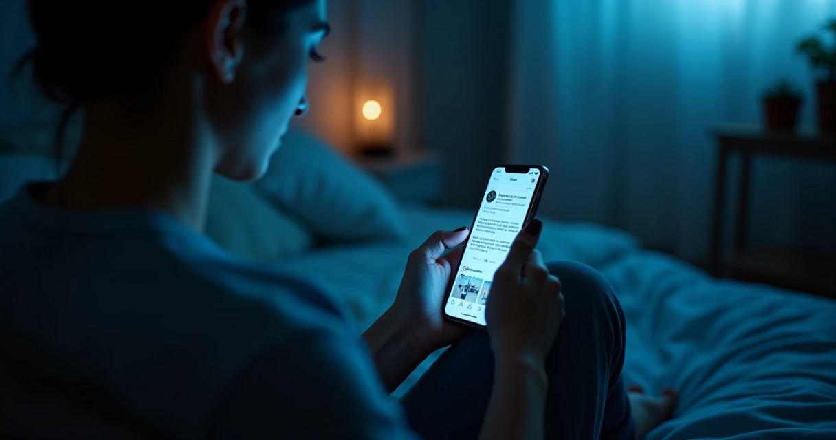 Pessoa olhando celular à noite com reflexo da tela no rosto