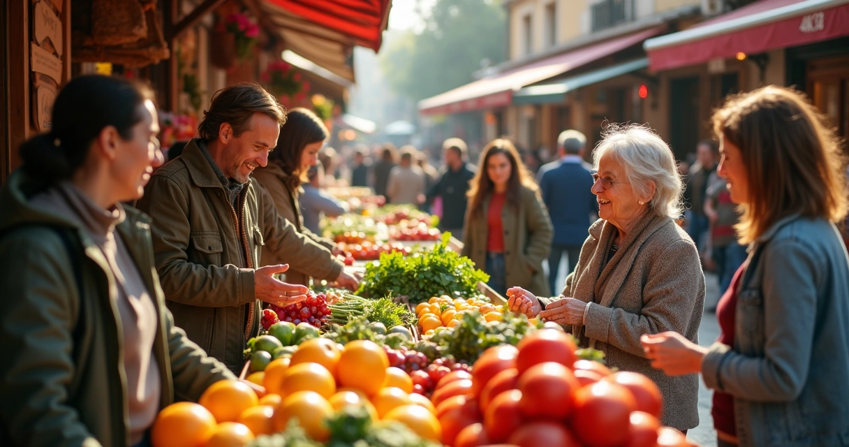 Puestos de mercado local con productos frescos y consumidores analizando etiquetas ecológicas