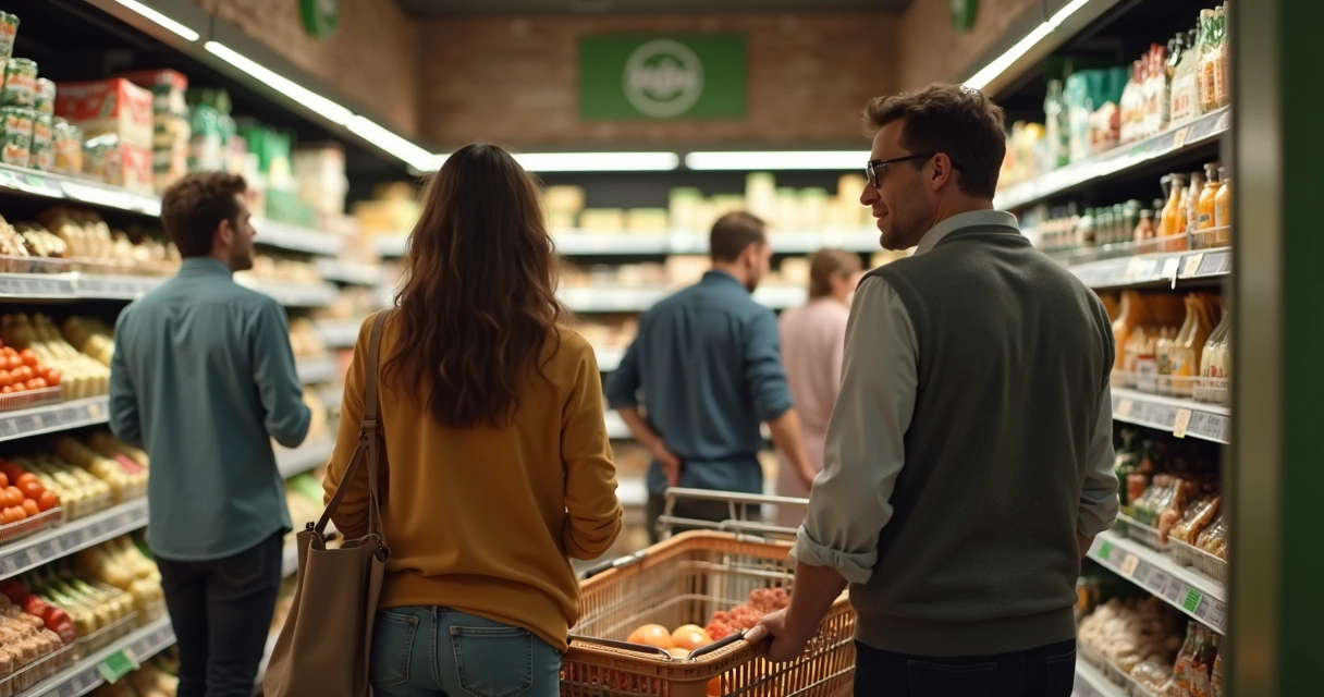 Pessoas escolhendo produtos sustentáveis em um supermercado.