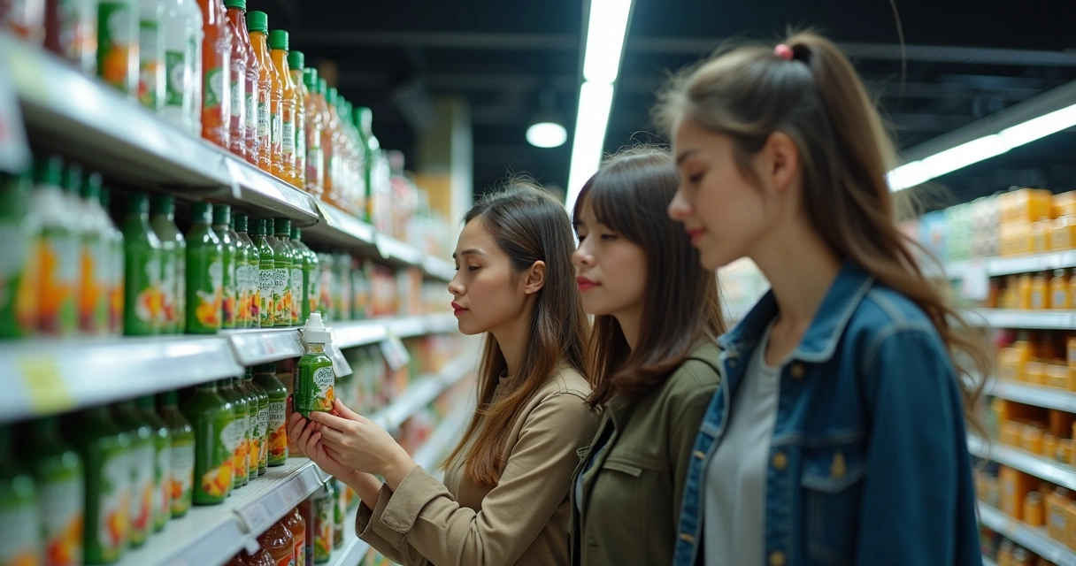 Pessoas analisando produtos em prateleiras de loja com destaque para selo de produto sustentável 