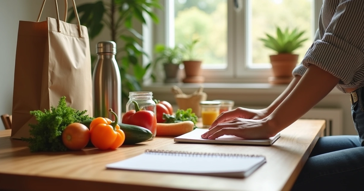 Mesa com itens reutilizáveis e compras conscientes em casa