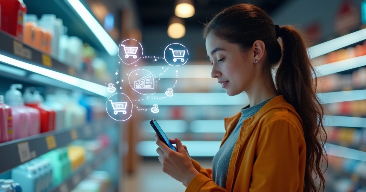 Pessoa usando celular em ambiente de loja com notificações de ofertas aparecendo na tela 