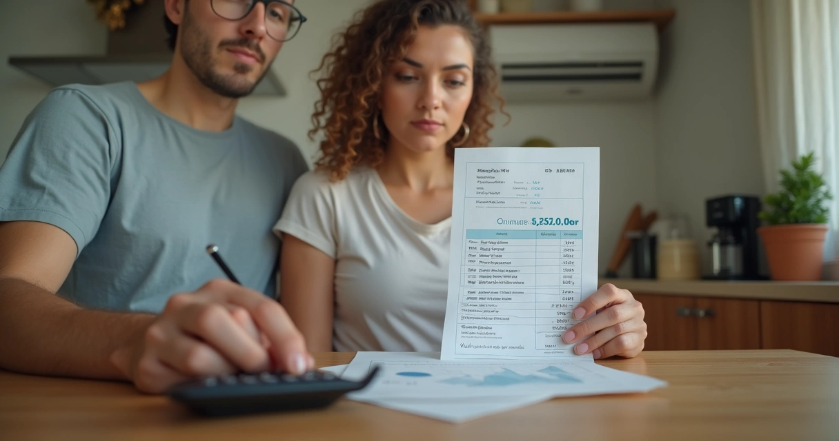 Pessoa analisando conta de energia com valores destacados 