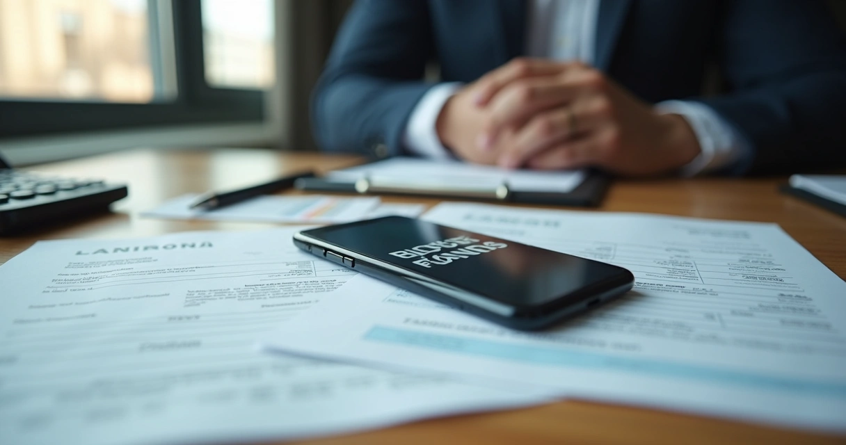 Aplicativo bancário mostrando bloqueio e documentos sobre a mesa 