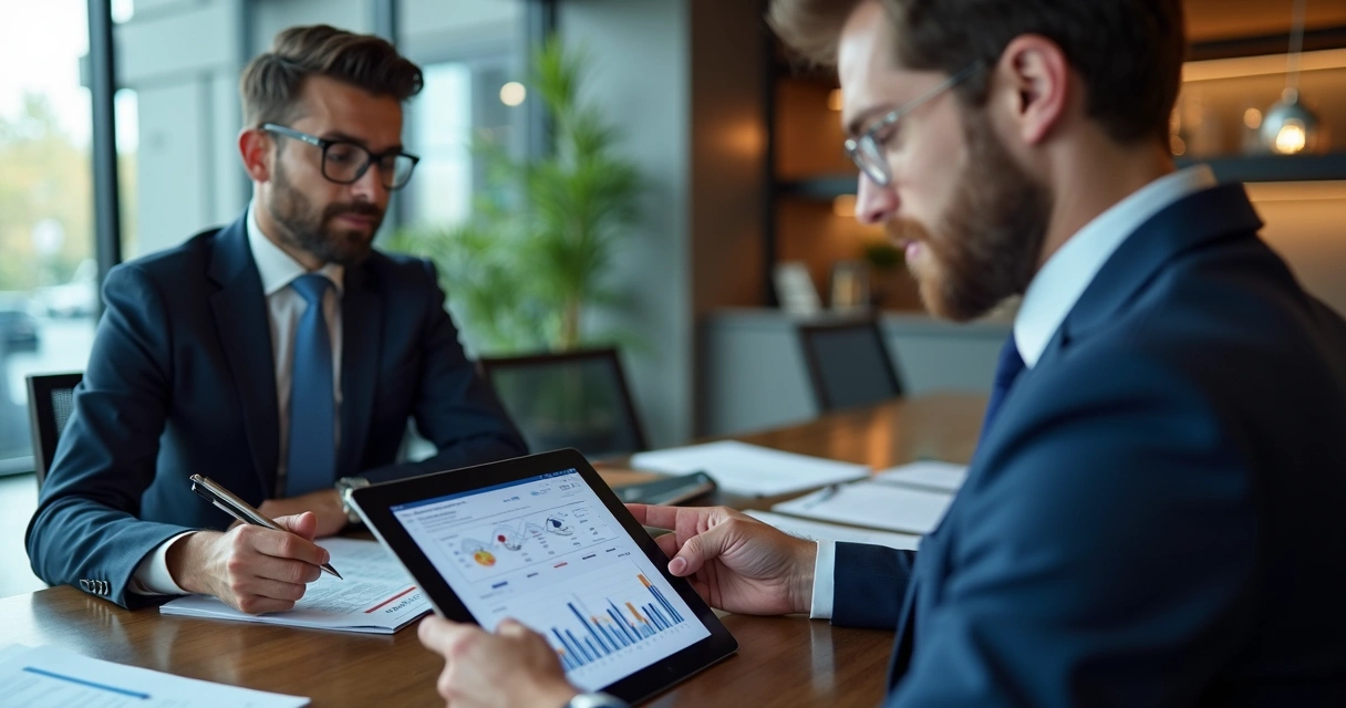 Empresário revisando dados financeiros em banco empresarial nos EUA