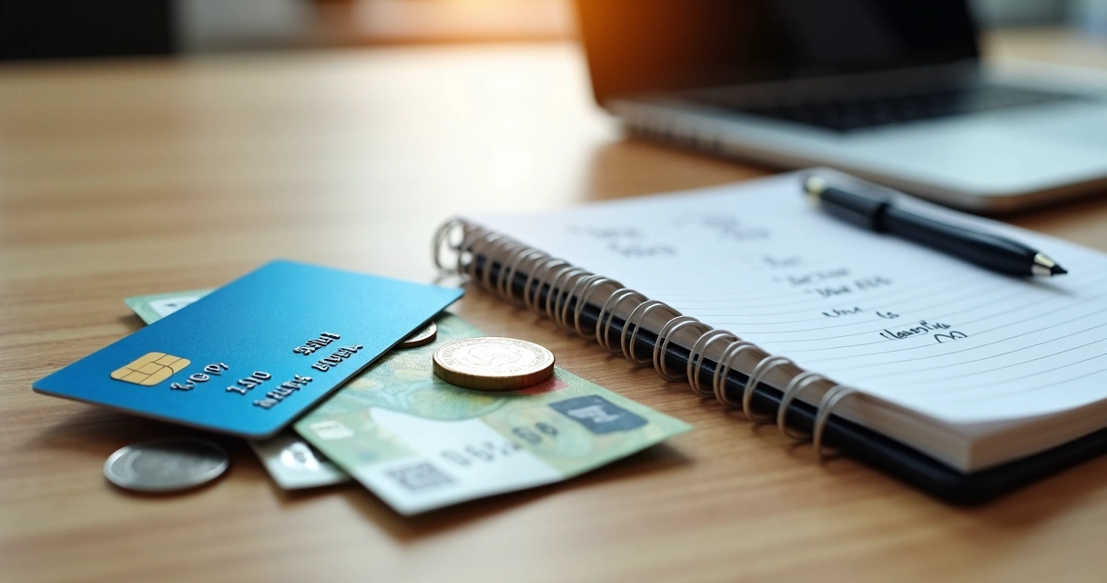 Cartão bancário de empresa ao lado de notas e moedas 