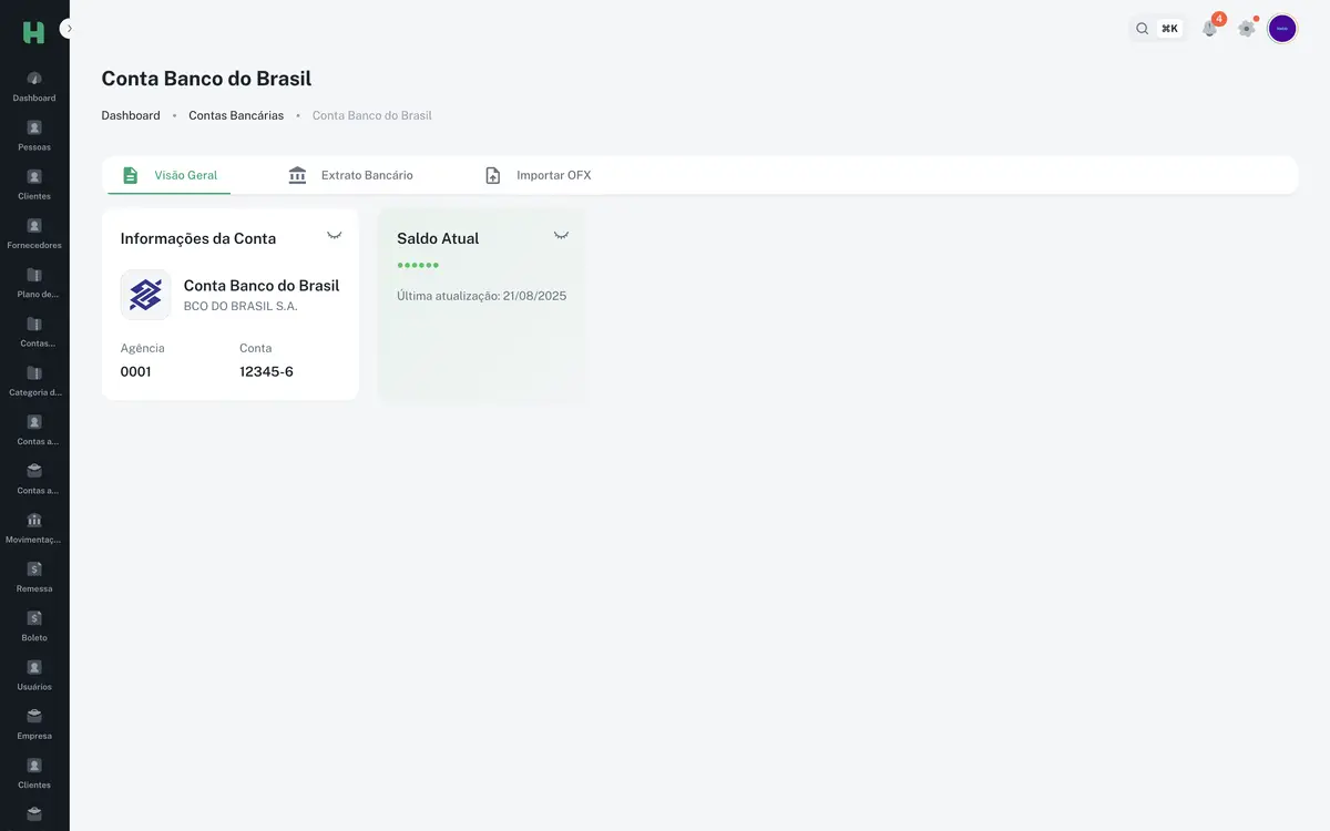 Tela de sistema de gestão financeira mostrando informações da conta Banco do Brasil