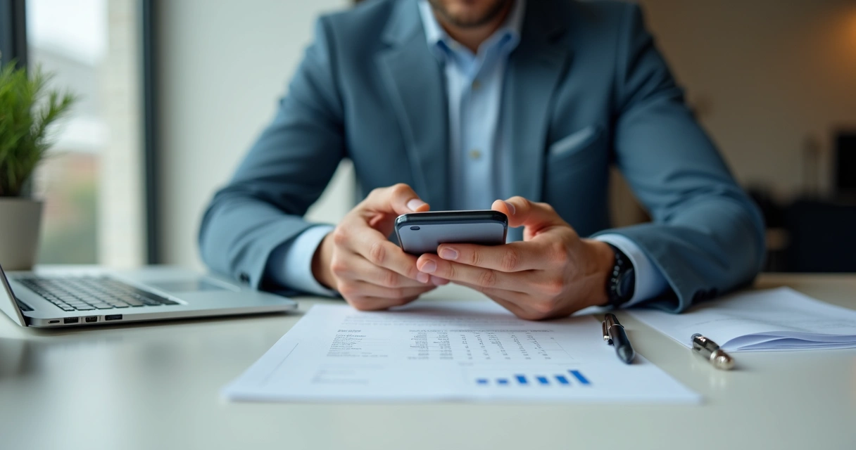 Empresário abrindo conta bancária digital em smartphone, ambiente de escritório moderno 