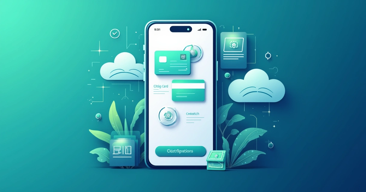 Ilustração de app de fintech mostrando funções de conta digital, cartão e crédito, tela de cadastro com logotipo personalizado 