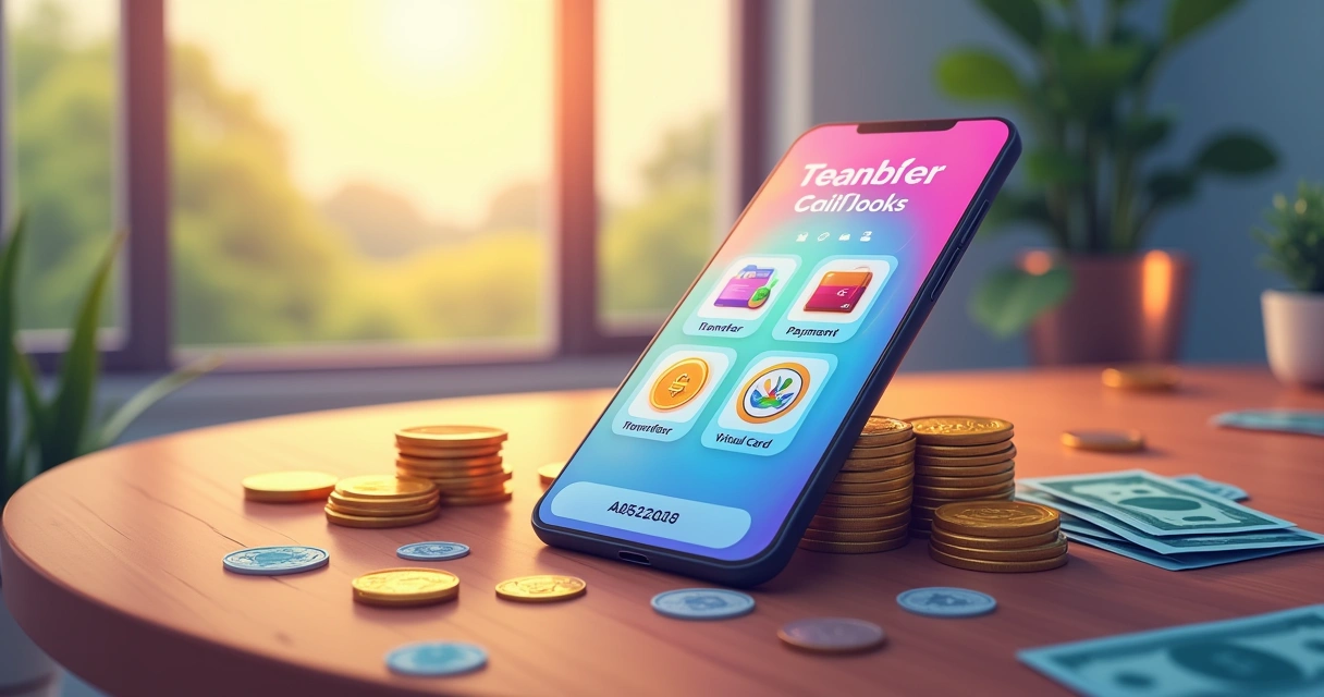 Smartphone displaying a digital banking app surrounded by coins and bills on a wooden table.