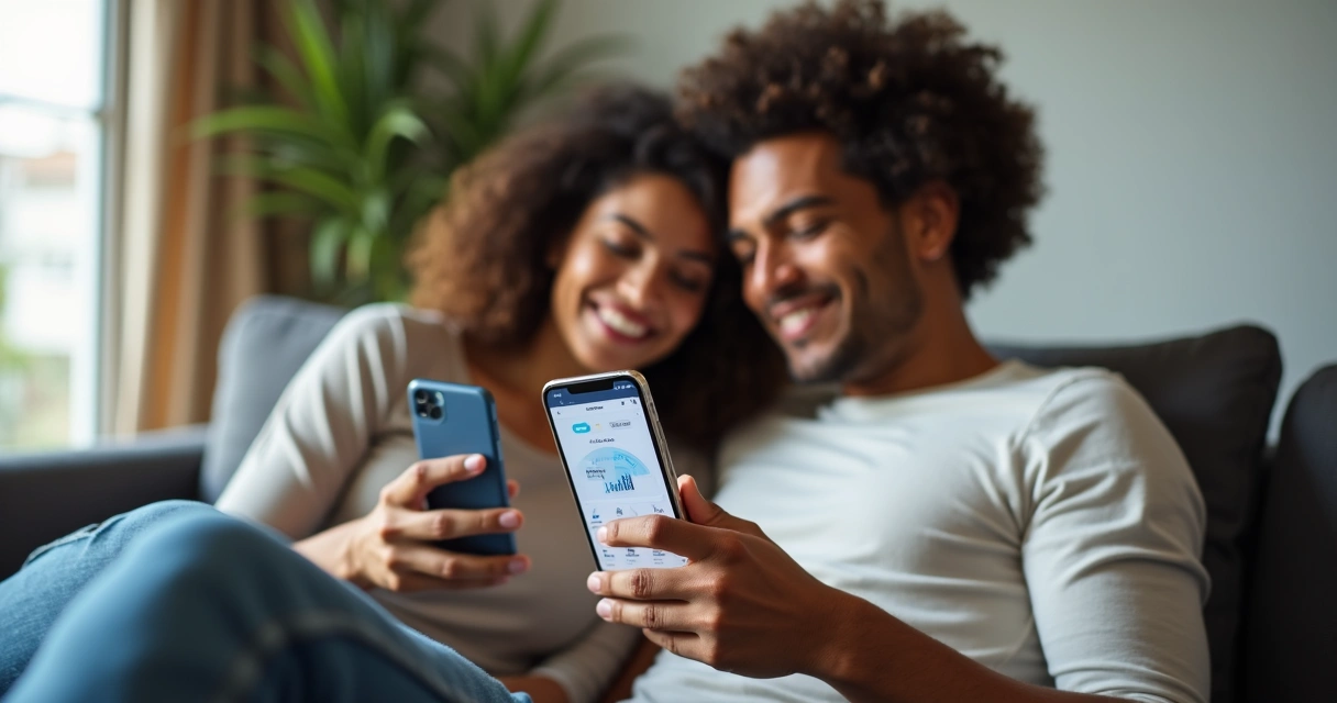 Casal utilizando aplicativo bancário juntos em um sofá 