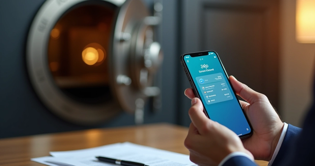 Mãos segurando um smartphone exibindo aplicativo bancário com saldo e ícone de cofre ao fundo 